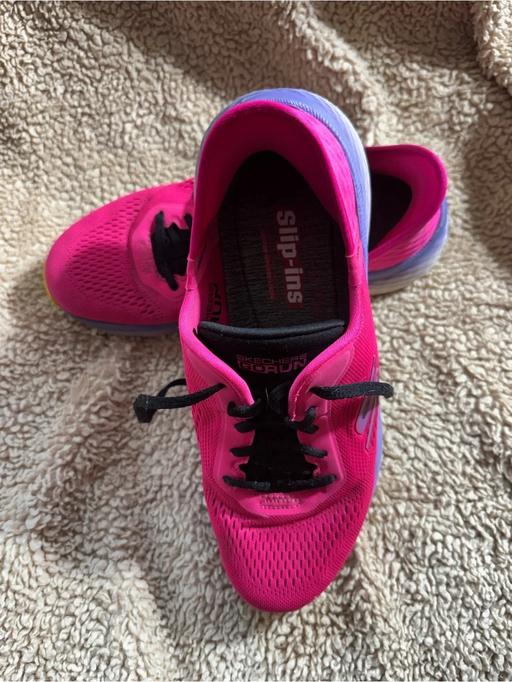 Skechers Women’s Hot Pink Athletic Slip-On Max Cushion Shoe with Purple Accents